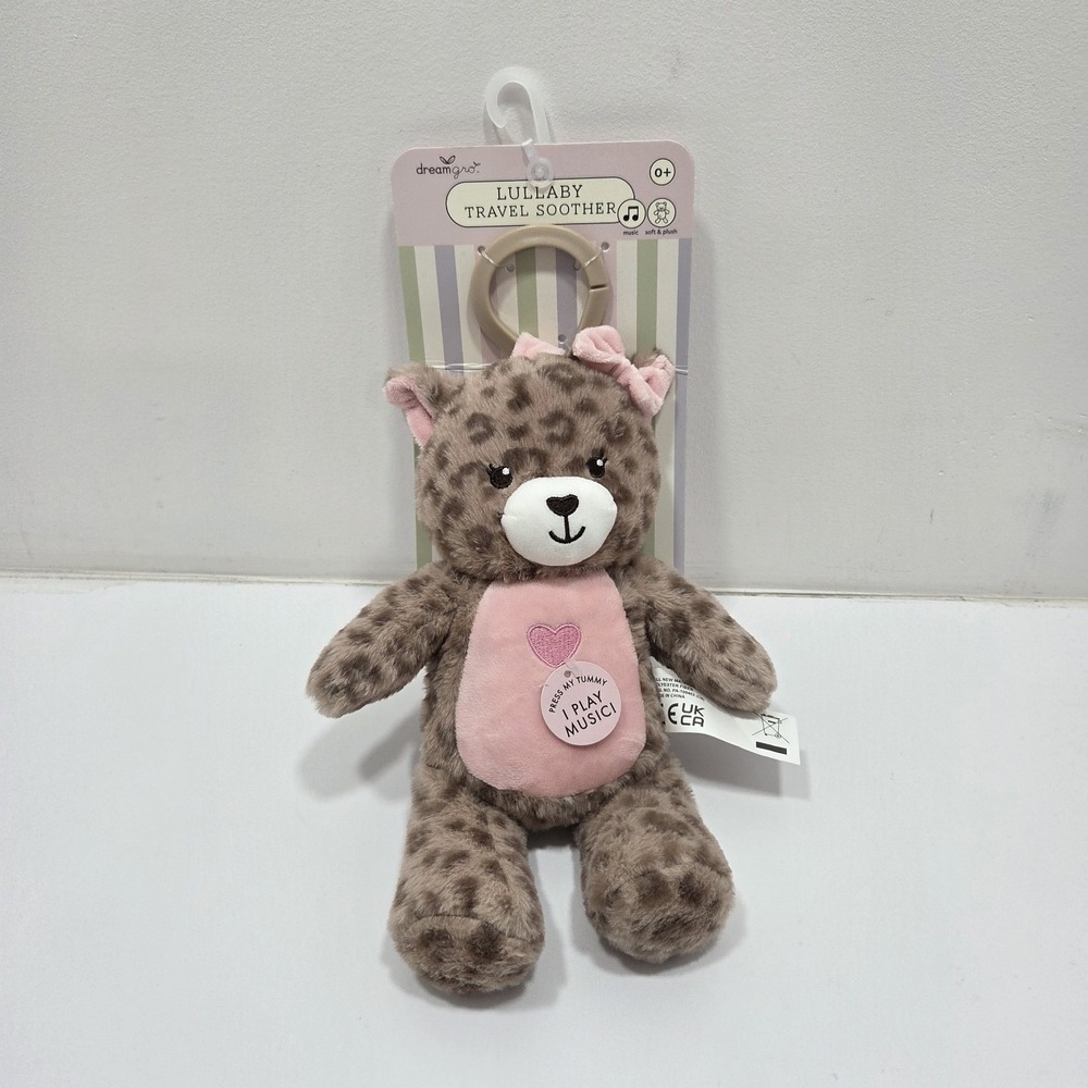 Dreamgro NEW Lullaby Travel Soother Baby Toy Plush Pink Leopard W/carry Hook